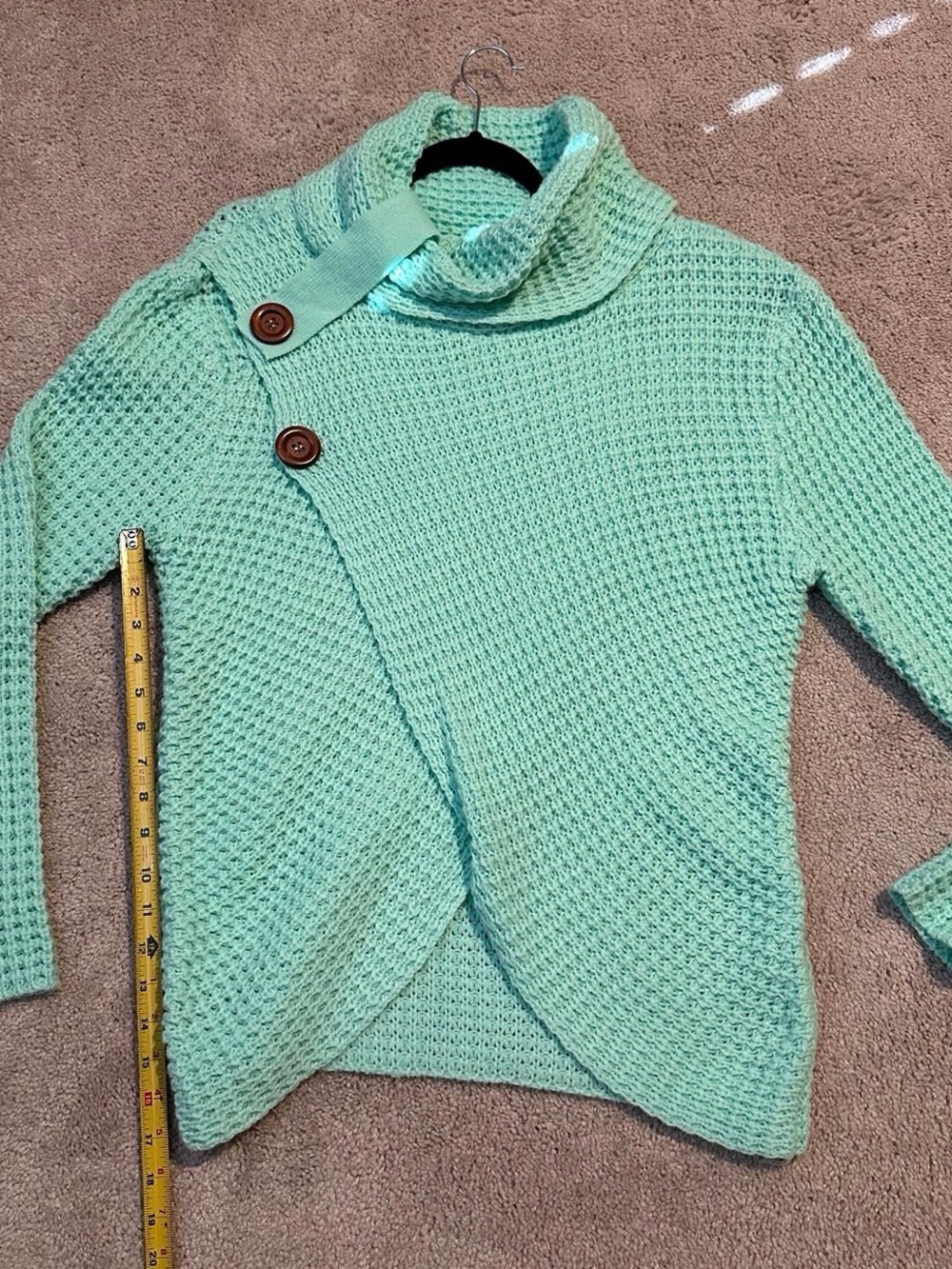 Women’s Waffle Knit Sweater Loose Turtleneck Top Button Wrap Teal - Picture 4 of 7